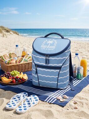 Life Is Good Insulated Cooler Backpack in Blue with Waves NEW